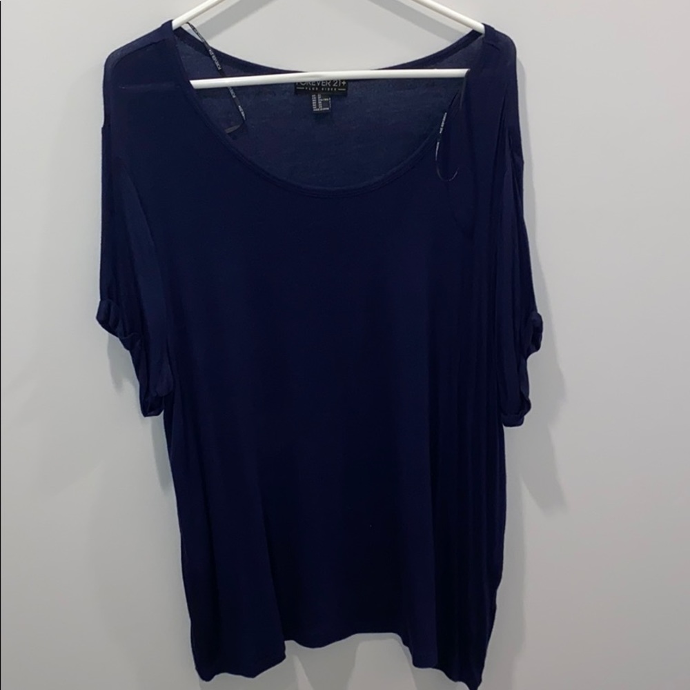 Plus Size Navy Blue Tee with Cuffed Sleeves